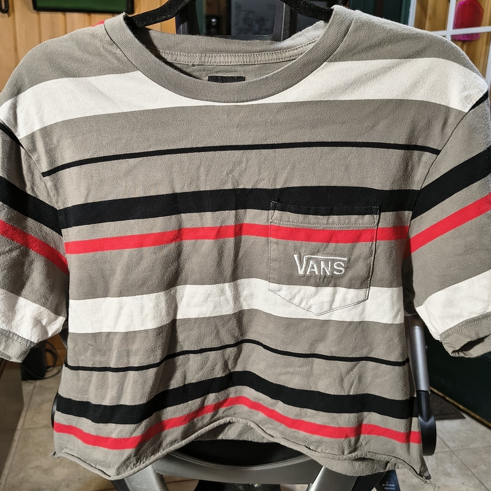 Vans Women’s Striped Pocket Tee — Gray with Red & Black Stripes